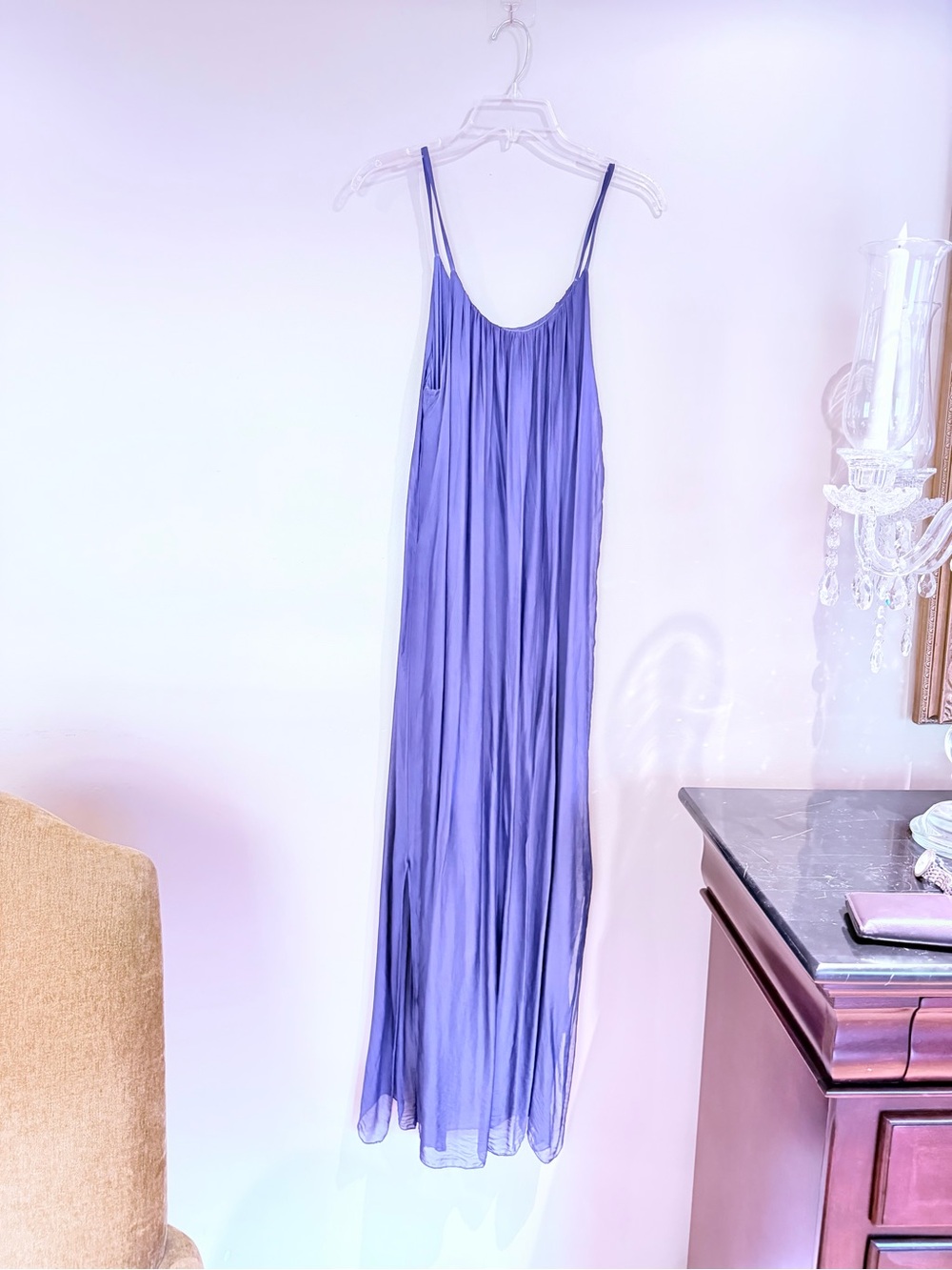 Gigi Moda Made in Italy navy blue Maxi Dress Sheer Layered Spaghetti Strap.